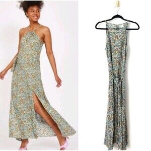 Silk & Salt Floral Maxi Dress Sz L Slits Halter Open Back Pastel Boho Cottage